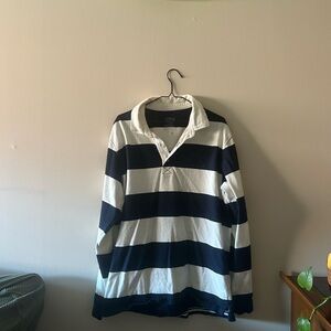 Old Navy Men's Navy and White Striped Rugby Shirt